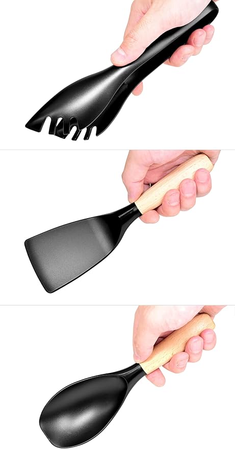 Seki Japan Stylish Kitchen Tool Set, Flexible Non Stick Heat Resistant Nylon Cooking Spoon, Cooking Curved Spatula, Serving Food Tong Set For Cookware