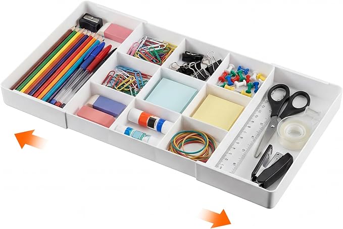 Briwooody 1 Pcs Large Expandable Acrylic Drawer Organizers, Grid Adjustable Drawer, Dividers Organizer for Desk, Makeup, Jewelry, Office, Kitchen Supplies (White,11 Compartments)