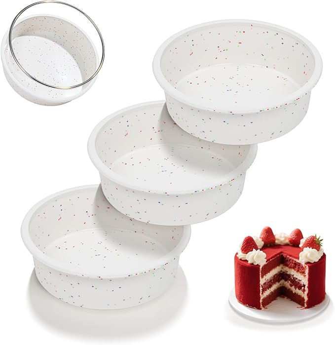 SJ 6 Inch Silicone Round Cake Pan with Metal Reinforced Frame Set of 3, Nonstick Silicone Cake Mold for Baking Suitable for Making Layers, Cheese & Chocolate Cakes
