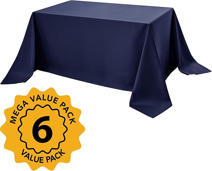 6-Pack Navy Blue Tablecloths for Rectangle Tables, 90 x 132 Inches, Stain-Resistant Polyester Fabric for 8 Foot Tables - Washable Table Covers for Weddings, Banquets, Birthday Parties, Events