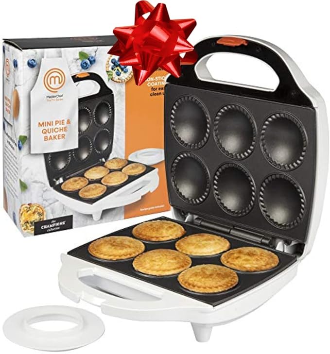 MasterChef Mini Pie & Quiche Maker- Baker Cooks 6 Small Pies or Quiches in Minutes- Non-stick Cooker w Dough Cutting Circle for Easy Measurement & Filling, Must Have Machine for Desserts & Appetizers