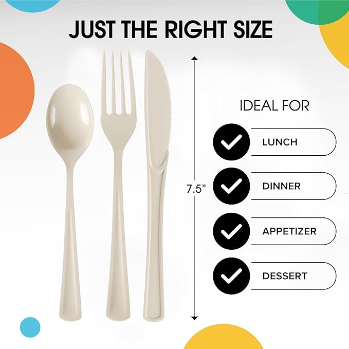 Party Solids Ivory Plastic Silverware Heavy Duty 150 Pieces Ivory Plastic Cutlery Sets, Utensil Sets, 50 Of Each Forks, Knives & Spoons Disposable Cutlery Set, Flatware Set For Party Supplies