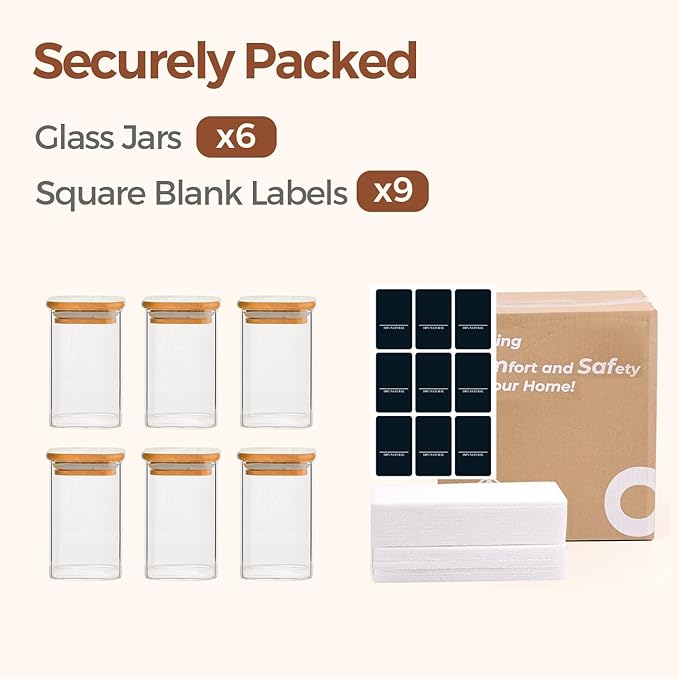 ComSaf 6Pcs 8oz Spice Jars with Label Trial Set, Glass Spice Jars with Bamboo Lids Supplementary Set, Seasoning Container Trial Pack, Perfect for Ktichen Starter