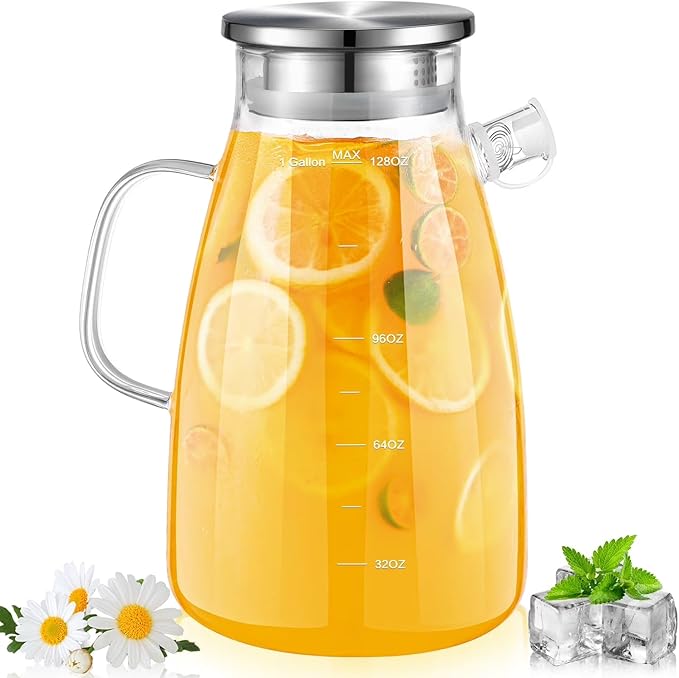 1 Gallon 128oz Glass Pitcher, Water Pitcher with Full Seal Lid and Spout, Glass Carafe for Hot/Cold Water, Large Jug for Juice and Homemade Beverage