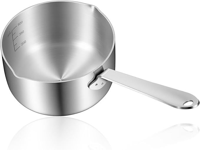 0.5 Quart 18/10 Tri-Ply Stainless Steel Butter Melting Pot, 500ml Silver Butter Warmer Measuring Pan Small Sauce Pan with Dual Pour Spouts for Milk, Coffee, Tea, Soup Warming & Measuring