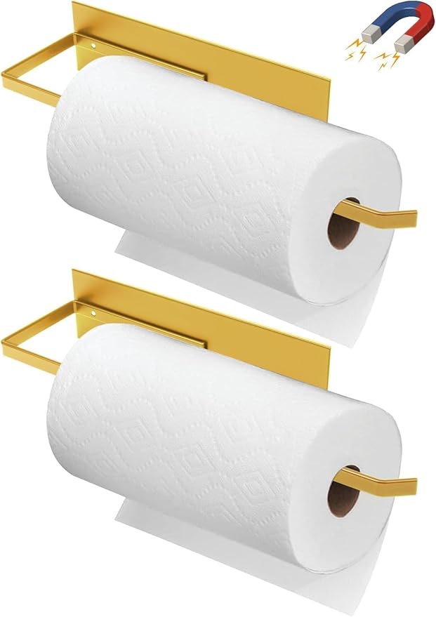 Paper Towel Holder Gold, Magnetic Paper Towel Holder for Fridge, Toilet Paper Roll Holder Magnet Paper Towel Rack Wall Mount Fridge Organizer for Golden Bathroom Kitchen Dorm Room RV Essentials, 2Pack