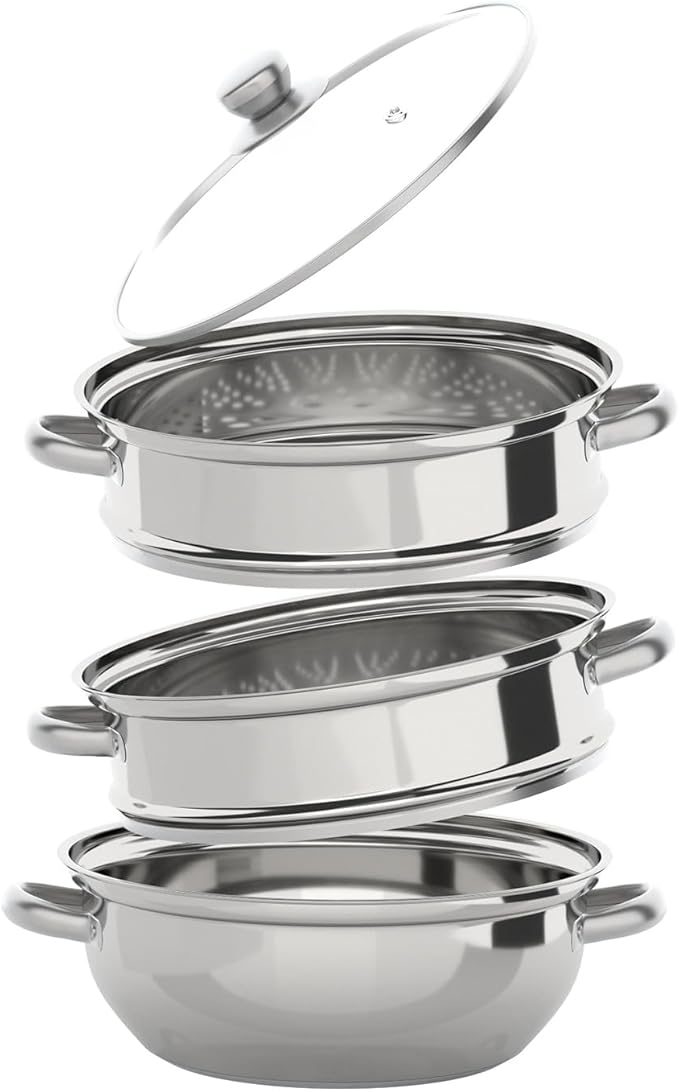 3-Tier Food Steamer Pot for Cooking - 12.8in Stainless Steel Steamer w/Lid Cookware For Vegetable,Dumpling, Crab, Stock