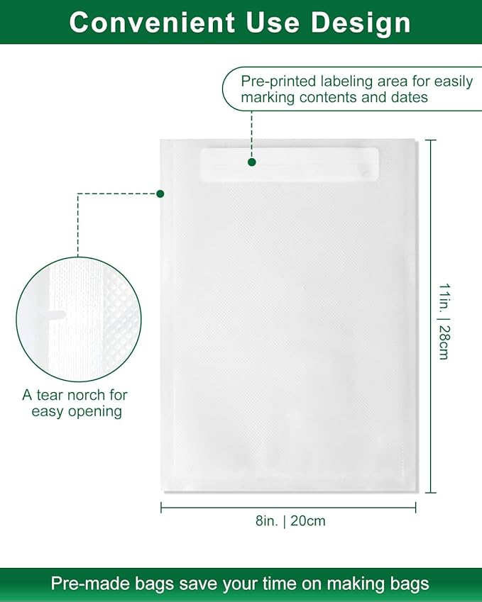 Quart Vacuum Sealer Bags for Food, 8x11 Inch, BPA Free Heavy Duty Vacuum Seal Bags for Food Saver, Freezer, Seal a Meal, Sous Vide, Meal Prep, Preprinted Labeling Area, Precut 100 count