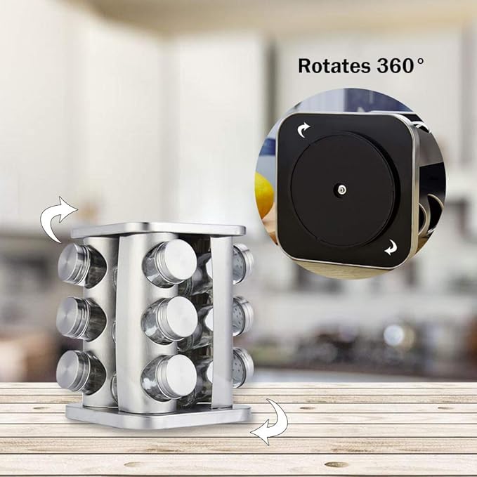 Rotating Spice Rack Organizer with 12 Jars - Revolving Standing Seasoning Tower with 12 Glass Bottles for Countertop Kitchen Cabinet, Stainless Steel, Silver