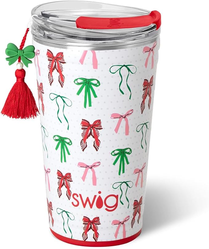 Swig Life 24oz Party Cup, Stackable Insulated Travel Coffee Tumbler with EZ Slider Lid, Cup Holder Friendly, Stainless Steel 24 oz Tumbler, Reusable Coffee Mug (Ribbons and Bows)
