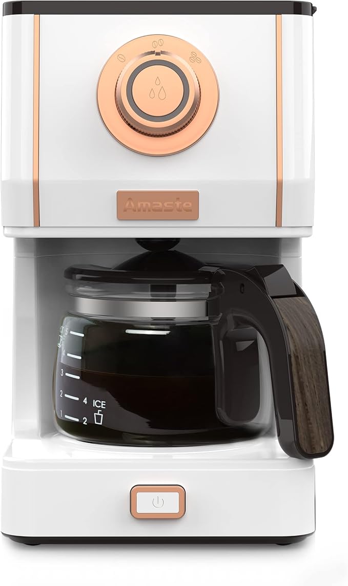 Amaste Retro Style Coffee Machine with 25 Oz Glass Coffee Pot, Reusable Coffee Filter & Three Brewing Modes, Warming Plate, Elegant White with Rose Gold