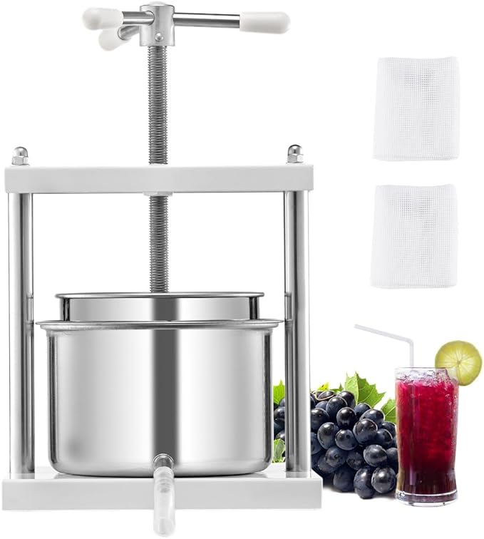 VEVOR 1.45 Gal/5L Fruit Wine Press, 2 Stainless Steel Barrels, Manual Juice Maker, Cider Apple Grape Tincture Honey Olive Oil Making Press with Triangular Handle for Outdoor Kitchen Home