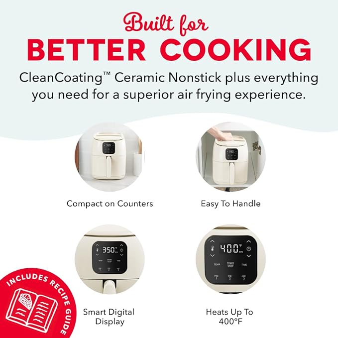 Dash Ceramic Nonstick Tasti-Crisp Digital Air Fryer - Includes Digital Display, Nonstick Basket, and Preset Buttons for Quick Meals - Cream, 2.6-Quart