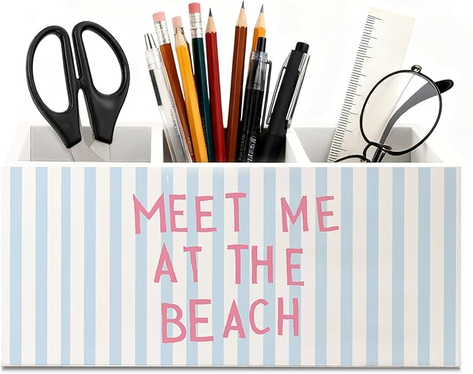 Preppy Coastal Beach Wooden Utensils Holder, Coastal Kitchen Decor, Meet Me at the Beach Blue Striped Wood Cooking Utensil Holder Organizer for Kitchen Countertop Counter Decor