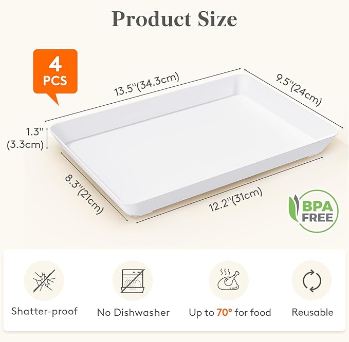 Lifewit Serving Tray for Party Supplies, Reusable Serving Platter for Catering, Snack, Fruit, Charcuterie, Appetizer, Plastic Food Trays, Hosting Essentials, BPA Free, White, 4 Pcs