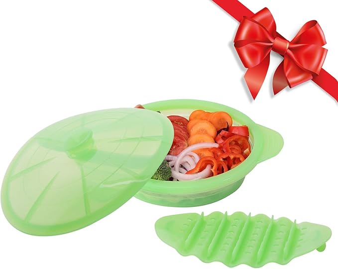 Microwave Steamer Cooker Collapsible Bowl Silicone Cookware Baked Potato with Handle Lid for Vegetables Fish Prep Meal Food with Removable Rack BPA Free Easy to Store Freezer Dishwasher Safe Green