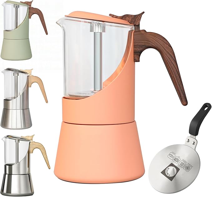 Glass Moka Pot for Stovetop & Induction - Italian Espresso Maker with Wood Handle & Leak-Proof Design - Comes with Induction Heat Diffuser Plate (6 Cup, 240ml)