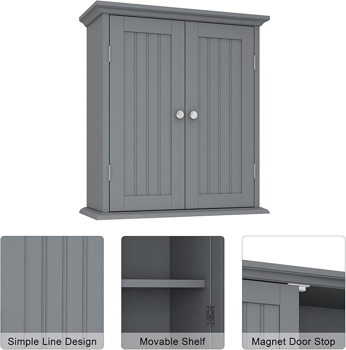 ChooChoo Bathroom Wall Cabinet, Over The Toilet Space Saver Storage Cabinet, Medicine Cabinet with 2 Door and Adjustable Shelves, Cupboard, Grey