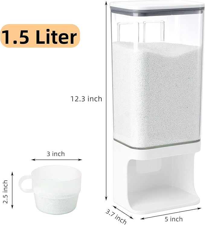AVLA Rice Dispenser, Wall-Mounted Laundry Detergent Container, Cereal Dry Food Storage Bucket with Measuring Cup, Kitchen Grain Organizer with Lid, BPA-Free, for Beans, Laundry Scent Bead, Pet Food