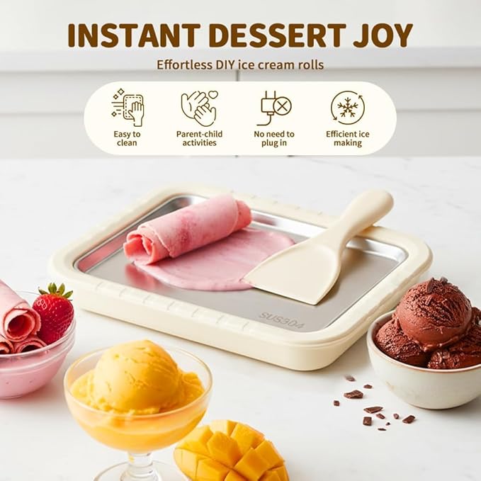 Rolled Ice Cream Maker, Instant Ice Cream Maker, Instant Cold Plate Ice Cream Maker with 2 Scrapers Frozen Yogurt Rolls Tray Homemade DIY Smoothies, Ideal for Family Activities