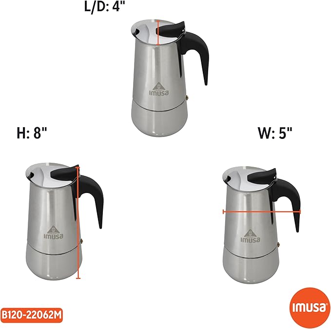 IMUSA USA B120-22062M Stainless Steel Stovetop Espresso Coffeemaker 6-Cup, Silver