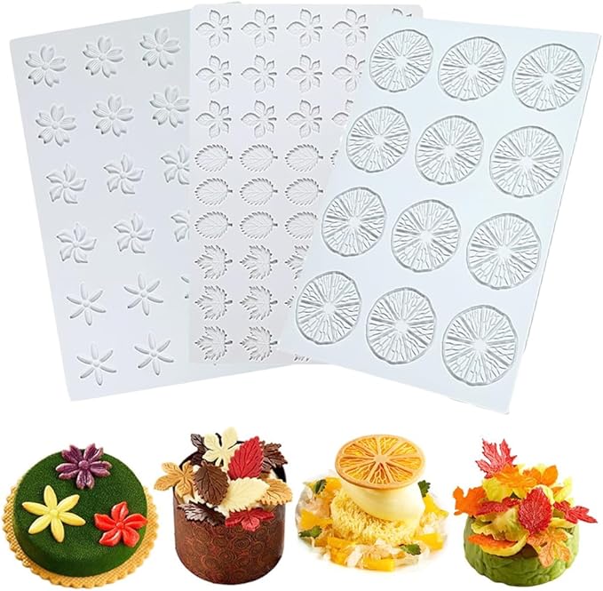 Hollow 3D Leaf Tuille Lace Silicone Cake Moulds, Molds Silicone Baking Fondant Tuile Molds, Polymer Clay Mold for Baking, Clay, Resin, Sugar Craft, Dessert Cake Decoration (3pcs Flower Fondant Mold)
