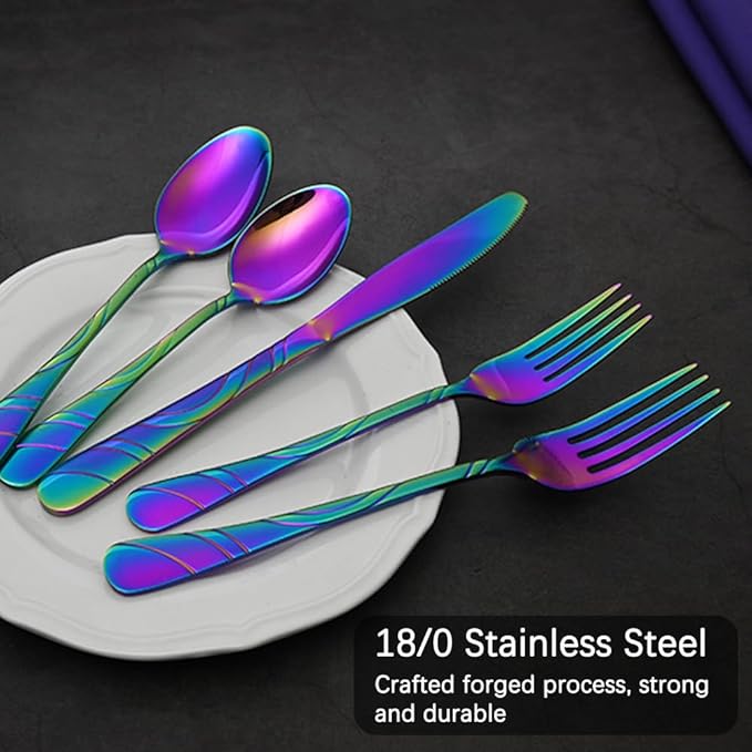 40-Piece Rainbow Silverware Set for 8, 18/0 Frosted & Mirror Finish Stainless Steel Vintage Flatware Set, Modern Cutlery Set for Home Wedding Restaurant Housewarming Party Event Serving For 8