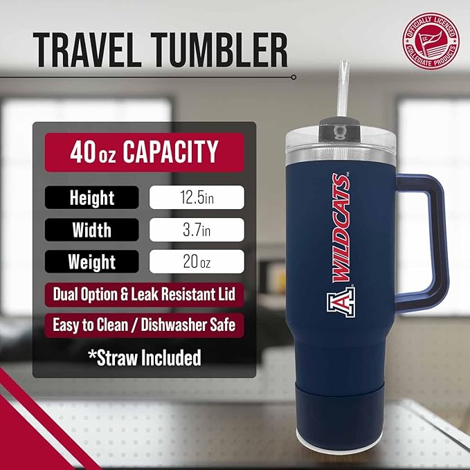 Campus Colors College & University 40 oz Travel Tumbler With Handle - Dual Option Lid With Straw - Vacuum Insulated Stainless Steel (Penn State Nittany Lions - Navy)