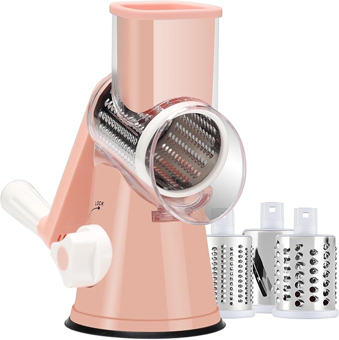 Rotary Cheese Grater with Handle, Round Mandoline Speed Kitchen Slicer, 3 in 1 Multifunctional Vegetable Shredder Manual Nut Grinder for Nuts, Potato, Carrot, Cucumber (Pink)