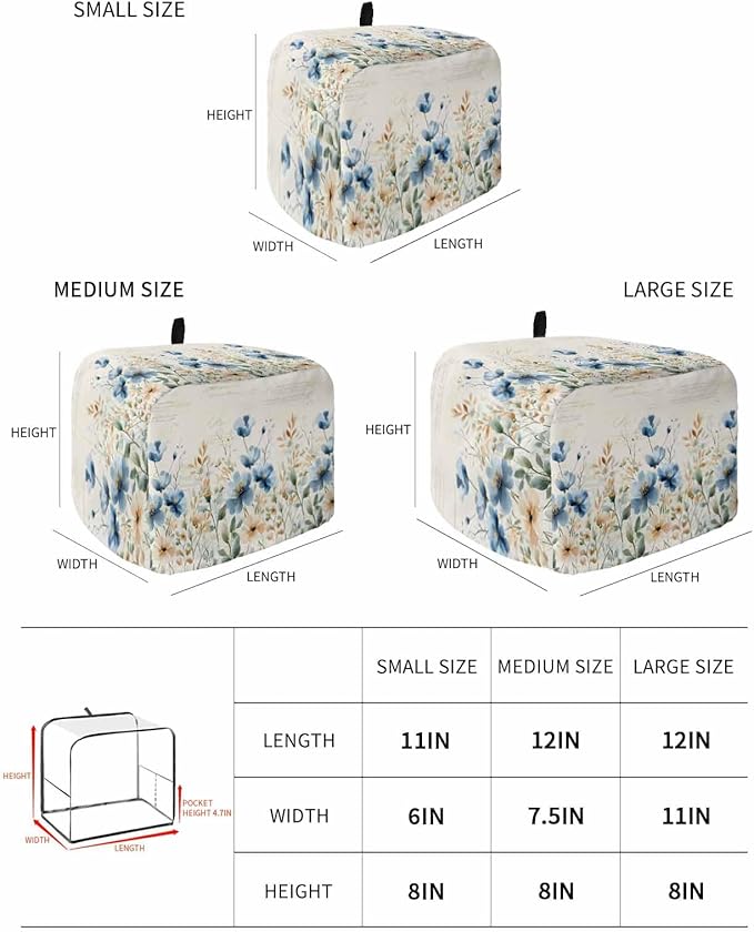 Blue Flowers Rustic Toaster Cover 2 Slice, Spring Vintage Botanical Dustproof Bakeware Oven Protector with Top Hook, Floral Beige Waterproof Small Kitchen Appliance Toasters Dust Cover, 11"x6"x8"