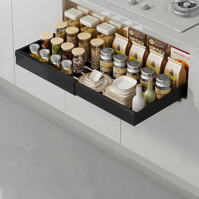 SunnyPoint Pull-Out Cabinet Organizer Expandable Drawer Shelf (BLACK)