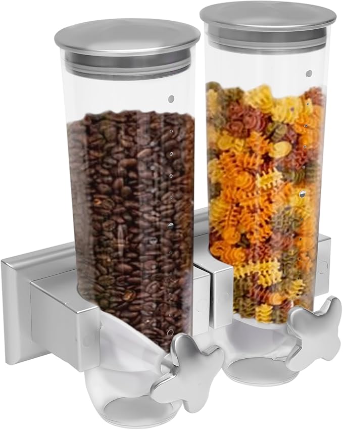 Wall-mounted Food Dispenser, 3L 2 Buckets Coffee Bean Candy Rice Dispenser, Dry Food Dispenser Cereal Dispenser Grain Storage Dispenser for Home, Kitchen, Countertop, Cutlery Rack (White)
