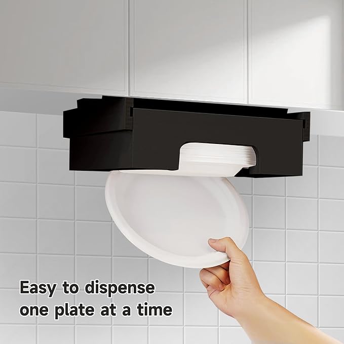 Bamboo Paper Plate Dispenser - 10 inch Wooden Paper Plate Dispenser Under Cabinet, Kitchen Countertop Vertical Plate Holder Organizer