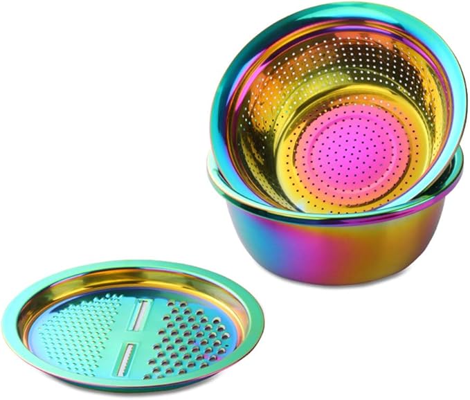 3-In-1 Multifunctional Grater Basin Colander Strainer Set, Mingcheng Stainless Steel Kitchen Grater/Drain Basket/Bottom Basin for Washing Rice, Fruits, Vegetable, Grater with Container (Rainbow)
