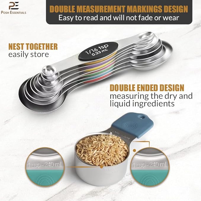 15 PCS Magnetic Measuring Spoons & Cups Set - 18/8 Food Grade Stainless Steel, Double Sided, Dishwasher Safe - Easy Read & Stackable for Effortless Storage