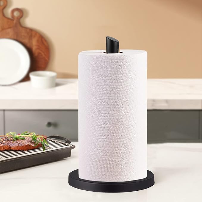 Paper Towel Holder countertop, Free-Standing Kitchen roll Holder for Kitchen Bathroom, Paper Towel Holder Stand Dispenser with Stainless Base Fits Standard (Black)