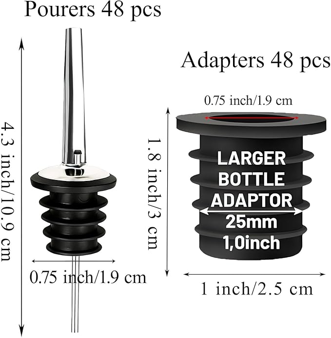 48-Pack Liquor Bottle Pourers with Adapters, Liquor Pour Spout Adapters set for for Large Olive Oil Bottles and Liquor Bottles - Up to 1 Inch/25mm Neck Converts Spout into a Large Pour Spout Silver