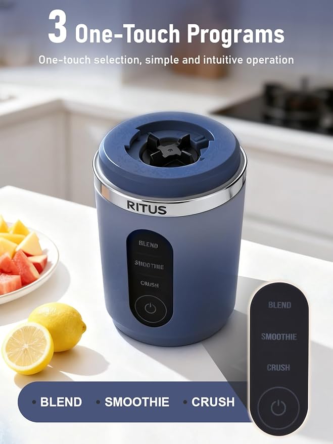 RITUS VORTEX Pro Portable Blender,Personal Blender w/Removable Vessel-for-Smoothies Blend Ice Crush 3 Programs,Cordless 20oz BPA Free Vessel Magnetic-Ring Dishwasher Safe, Leakproof，Navy