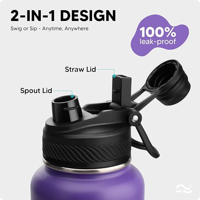 Swigina [2-IN-1 LID] Insulated Water Bottle with Silicone Boot (36hrs Cold/18hrs Hot) - DIY Stickers, Leakproof, BPA Free, 32 oz