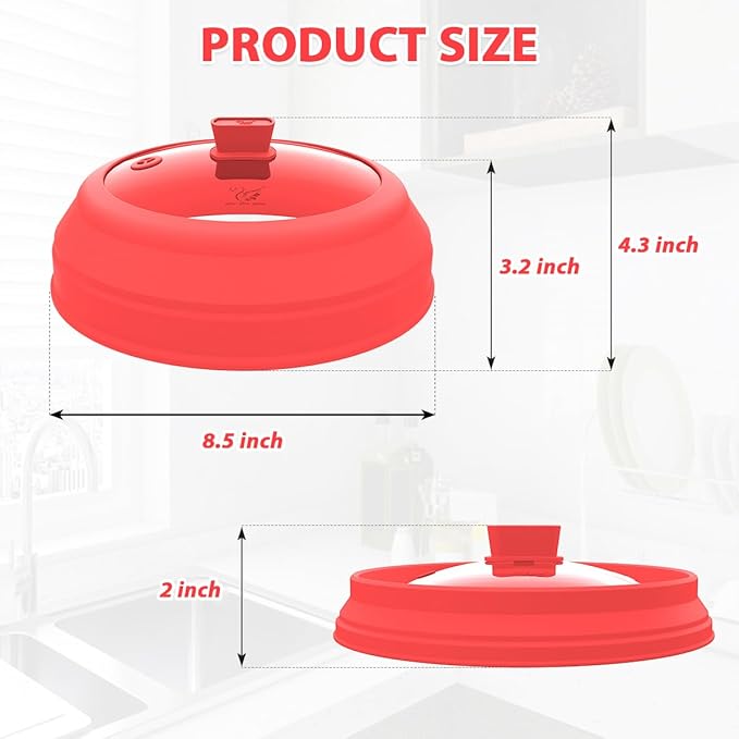 Microwave Splatter Cover Glass Splatter Guard Lid with Collapsible Silicone for Small Bowls Food Plate Cover 9 inch Red