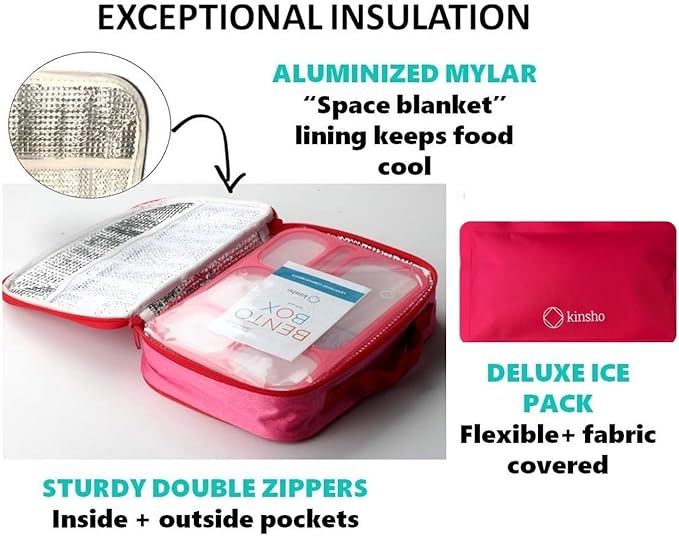 kinsho Lunch Boxes for Boys Teens Adults - Bento Box Set with Insulated Bag and Ice Pack, 6 Compartment Leak Proof Food Container, BPA-Free, Microwave Safe, Ideal for School & Work, Pink