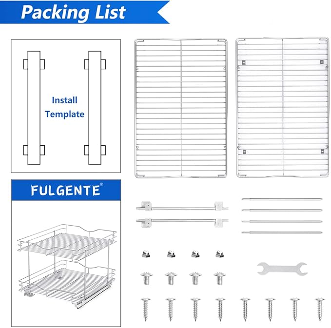 FULGENTE Chrome Finish Pull Out Drawer Cabinet Organizer 2 Tier (17" W * 21" D*15.12''H) Professional Sliding Pantry Shelves Under Kitchen Bathroom Sink Wire Drawer Storage Roll Out Shelf Basket