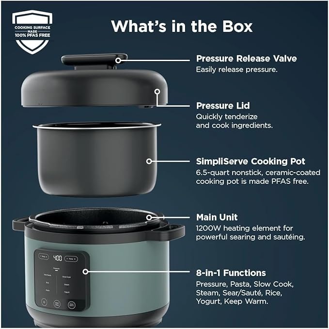 HyperHeat Pressure Cooker - 6.5 Quart Multi-Cooker with 1200W Power, SimpliServe Pot for Family Meals, Programmable Electric Pressure Cooker for Fast and Healthy Cooking