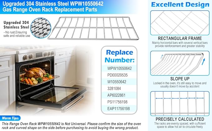 2x Upgraded 25"x15" WPW10550642 Oven Racks Replacement Compatible with Whirlpool Range Oven Shelf Stove Rack W10550642 EAP11756198 EAP11756198 304 Stainless Steel Oven Rack wfg320m0bs3 w/Oven Liner