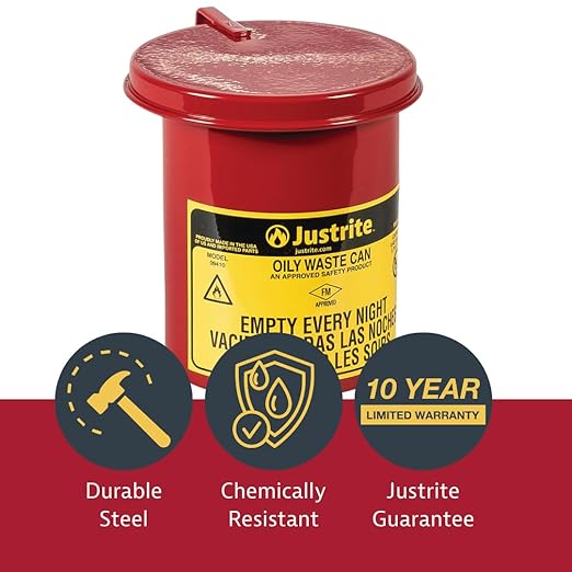 Justrite 0.45 Gallon Galvanized Steel Mini Countertop Oily Waste Can, 6.5" x 4.6" Metal Oil Rag Safety Can with Quiet Hand Operated Self-Closing Lid for Oily Rag Disposal, Made in The USA, Red, 09410