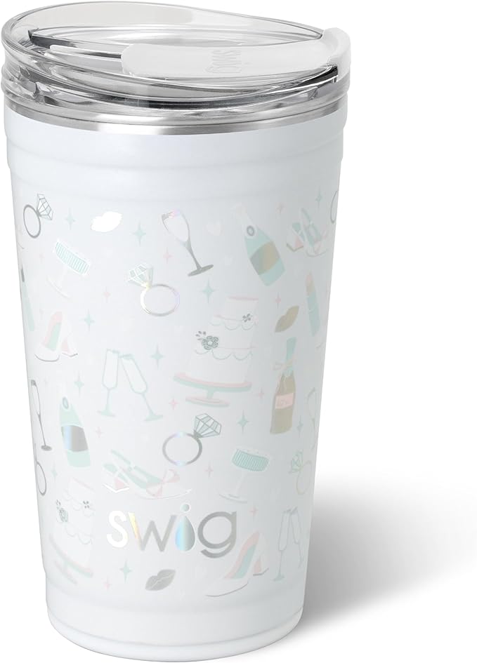 Swig Life 24oz Party Cup, Stackable Insulated Travel Coffee Tumbler with EZ Slider Lid, Cup Holder Friendly, Stainless Steel 24 oz Tumbler, Reusable Coffee Mug (Bride to Be)