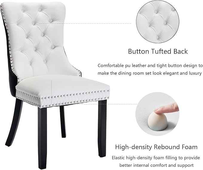 Dining Chairs Set of 2, Upholstered Dining Room Chairs with Back Ring Pull Trim and Solid Wood Legs, Modern Tufted Kitchen Chairs Perfect for Dining Room, White Pu Leather Splicing Black Velvet