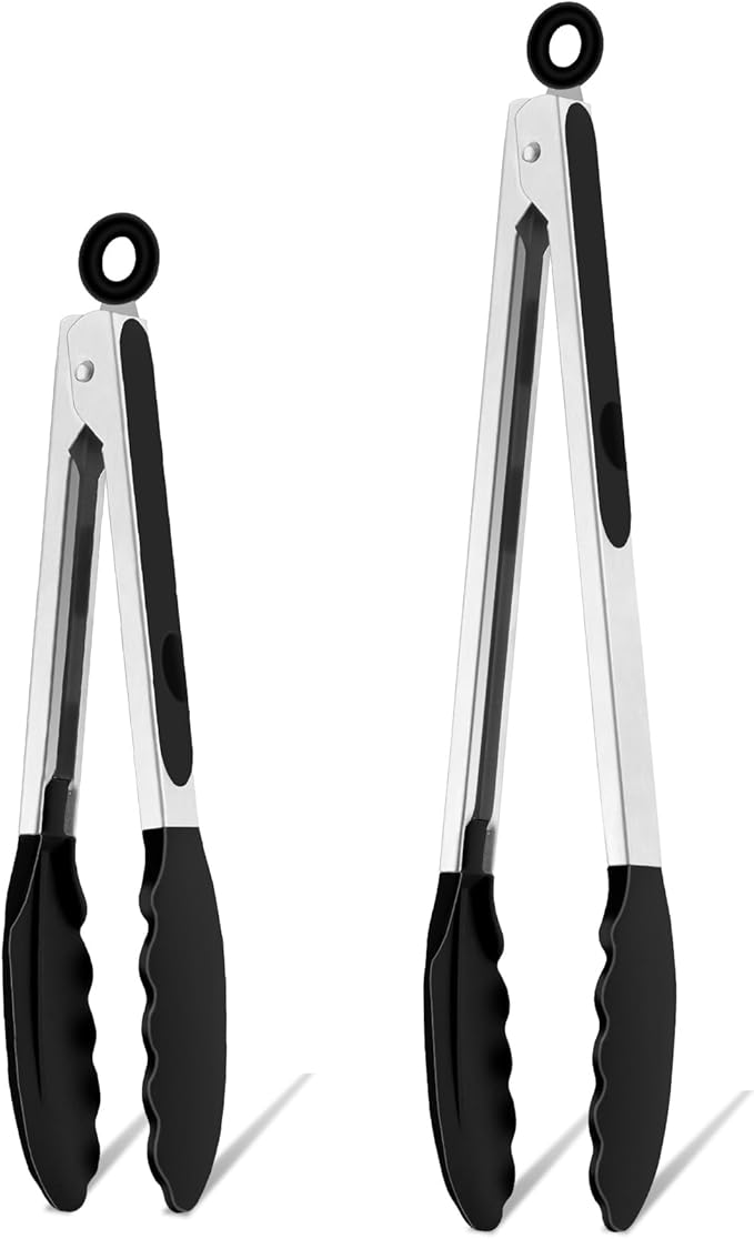 TeamFar Kitchen Tongs, 9" and 12" Stainless Steel Cooking Tongs with Silicone Tips for Cooking Grilling Serving & BBQ, Heat Resistant Silicone Tongs, Locking Design & Dishwasher Safe, Set of 2 & Black