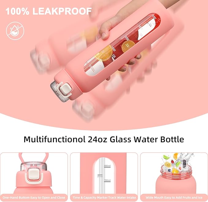 chunmo 24 oz Glass Water Bottles with 2 Lids-Handle Spout Lid & Straw Lid, Motivational Water Bottle with Time Marker and Silicone Sleeve,Leakproof-Pink-1 Pack