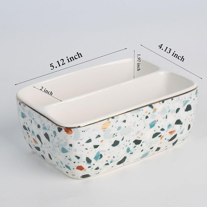 2 Compartments Ceramic Sponge Holder for Kitchen Sink, Unique Terrazzo Marble Pattern Countertop Dish Sponges Holder Soap Sink Organizer Caddy Farmhouse Home Kitchen Decor Light Blue
